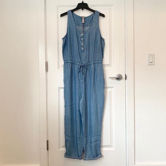 Knox Rose Denim Jumpsuit Front Button Sleeveless Waist Tie L - Picture 3 of 8